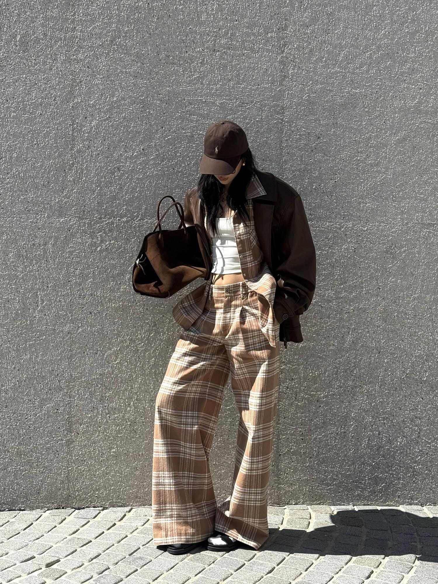 rovente 100 Percent Cotton Loose Plaid Button Long Sleeve Casual Women Top & Pants Sets