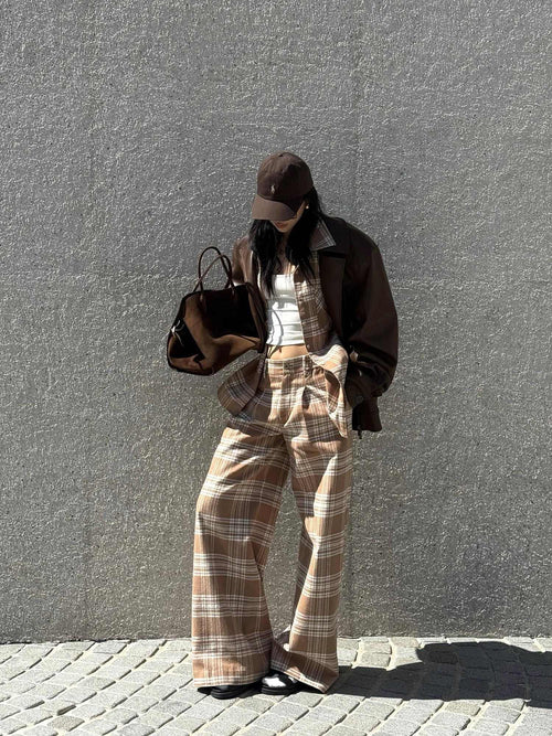 rovente 100 Percent Cotton Loose Plaid Button Long Sleeve Casual Women Top & Pants Sets