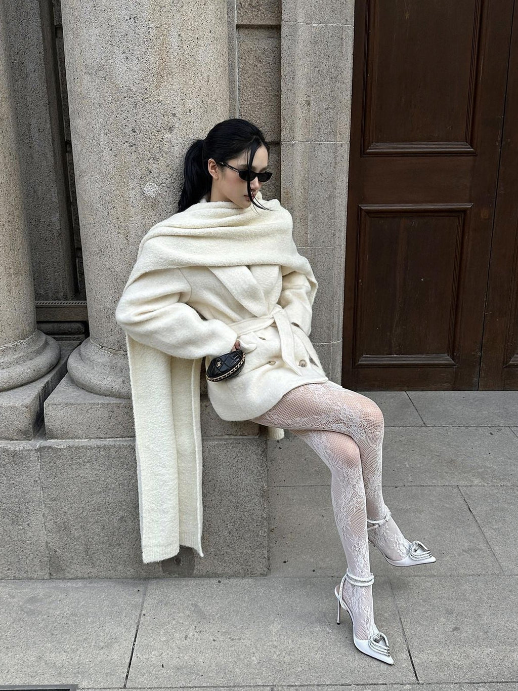 rovente Warm Wool Blend Double Breasted Oversized Commuter Women Ivory Shawl Wool Coats
