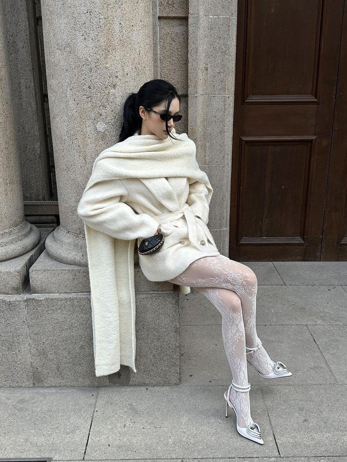 rovente Warm Wool Blend Double Breasted Oversized Commuter Women Ivory Shawl Wool Coats