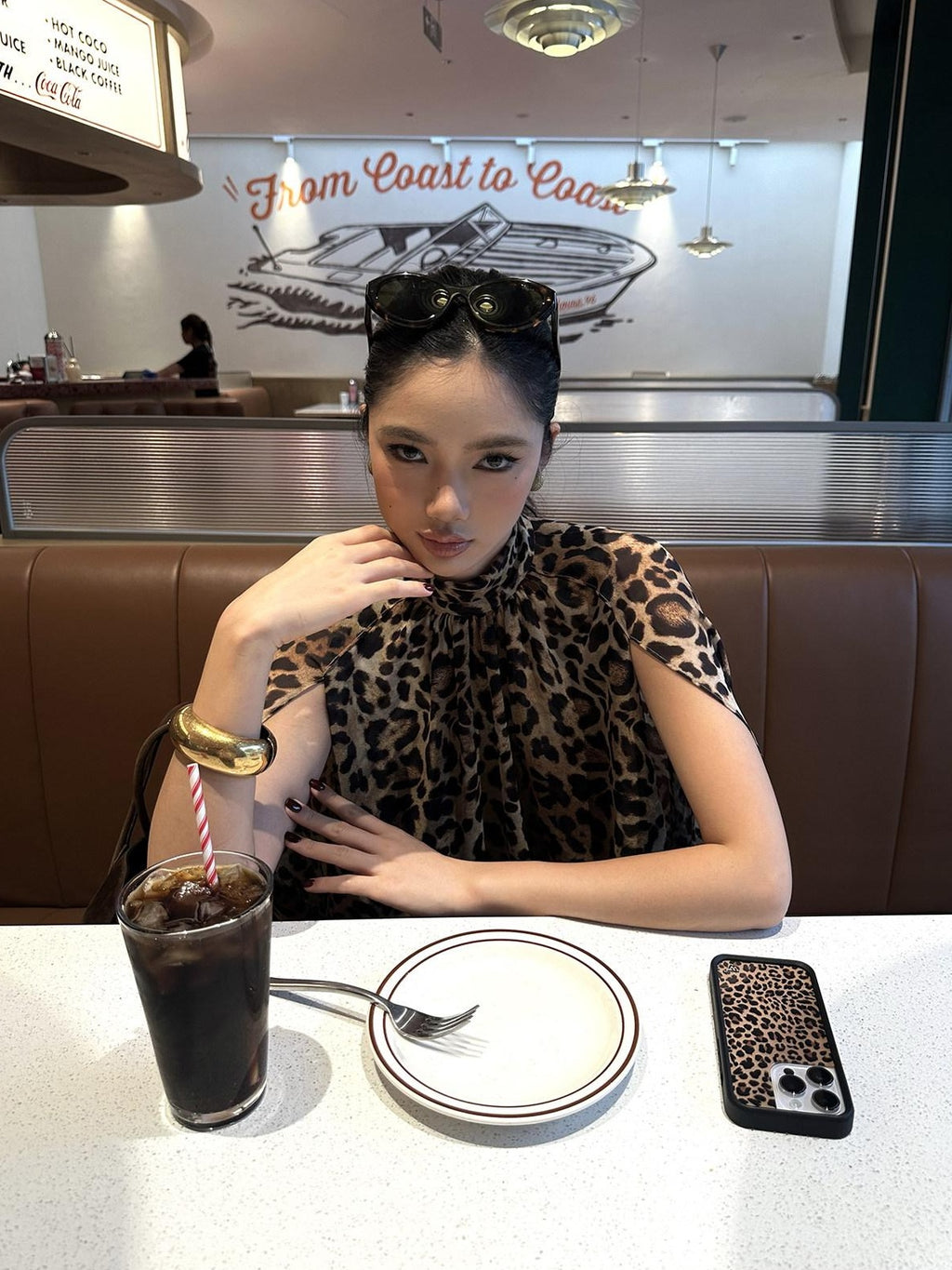 rovente 100 Percent Polyester Leopard High Neck Side Slit Button Shot Sleeve T-Shits