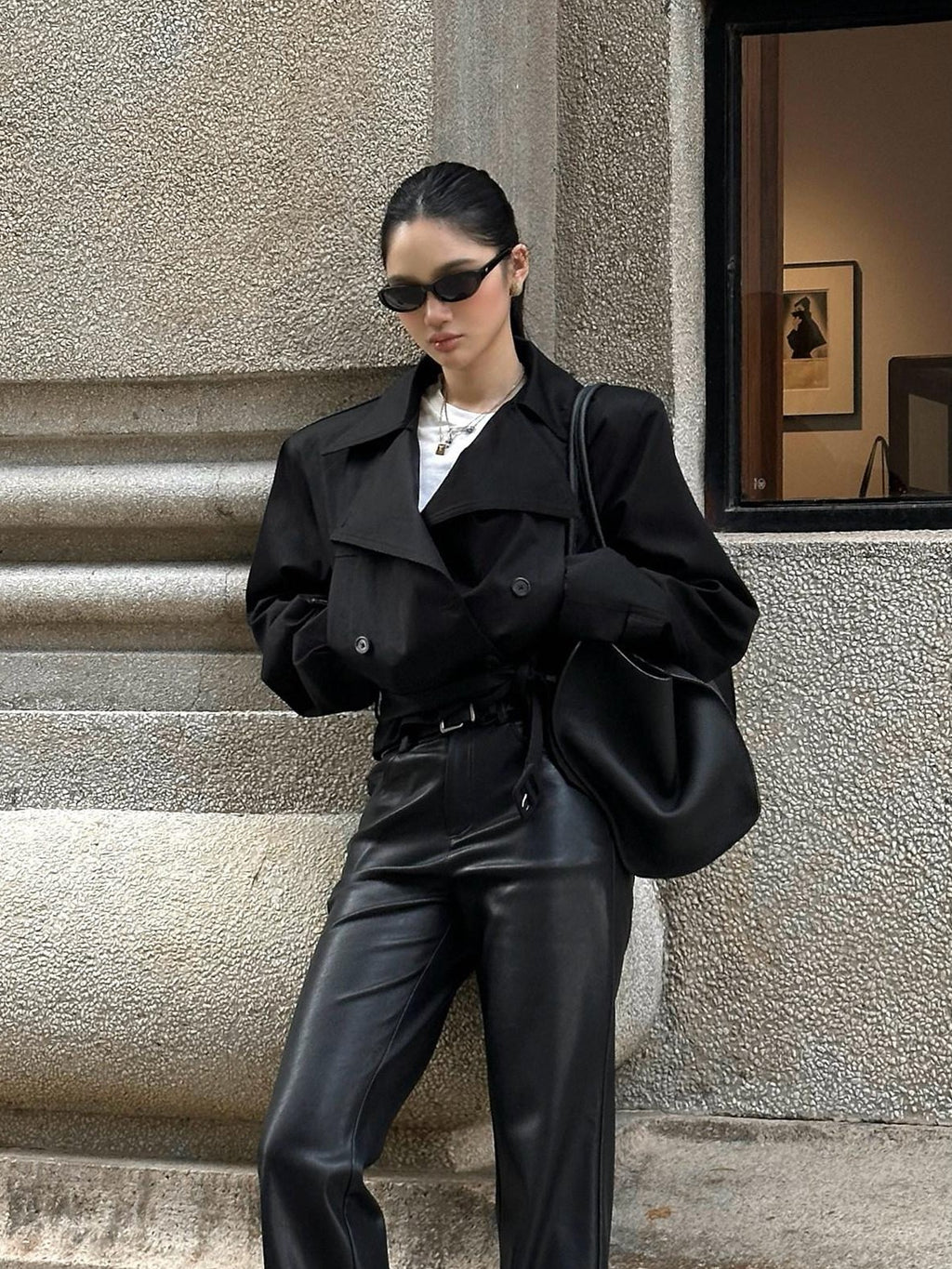 rovente Pure Cotton Relaxed Tie Waist Casual Womens Black Lined Button Shot Coat