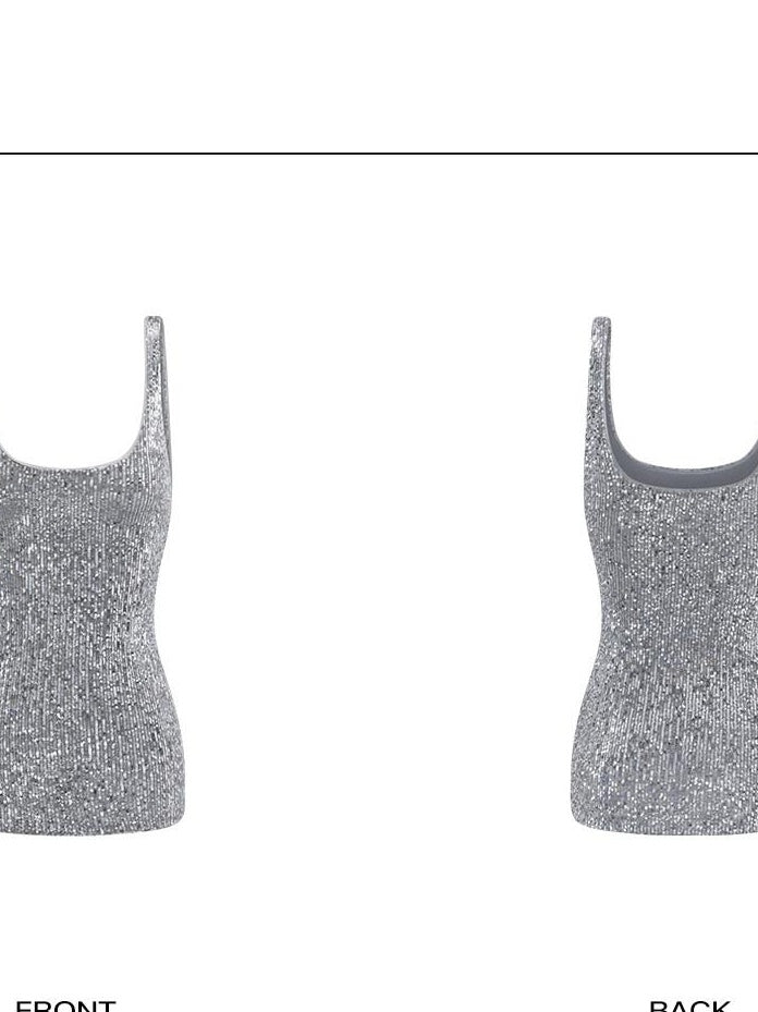 rovente Shimmer Silver High Stretch Spaghetti Strap Slim U Neck Party Travel Camisoles