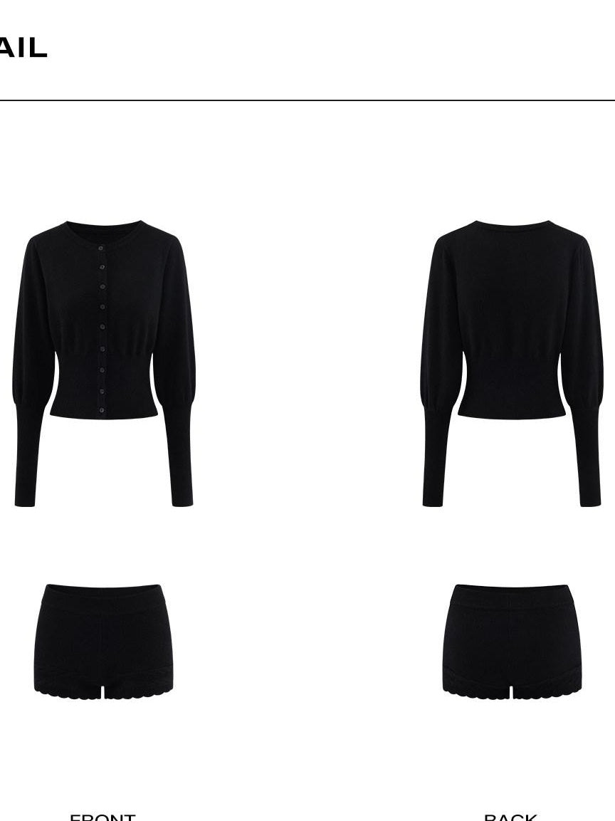 rovente Warm Slim Lace Waist Silk Blend Black Button Cardigan Top & Shots Sets