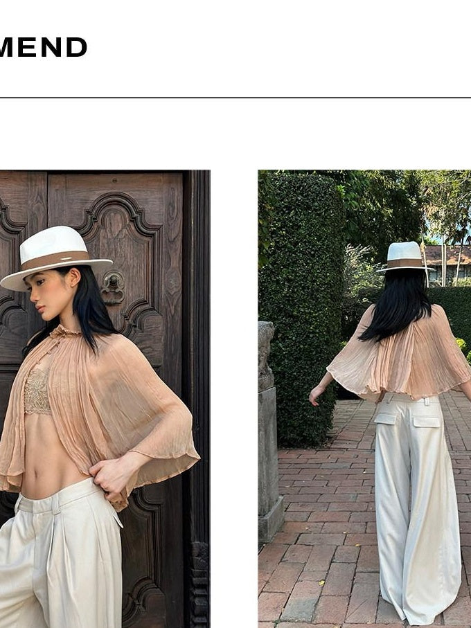 rovente Soft Stretch Beige Casual Simple Pockets Low Waist Woven Women Wide Leg Pants