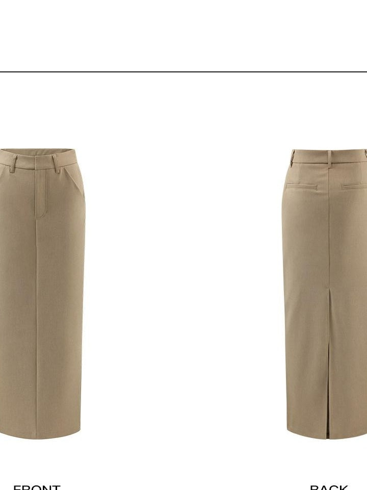 rovente Back Slit Mid Waist Khaki Casual H Cut Straight Poly Blend Maxi Skits