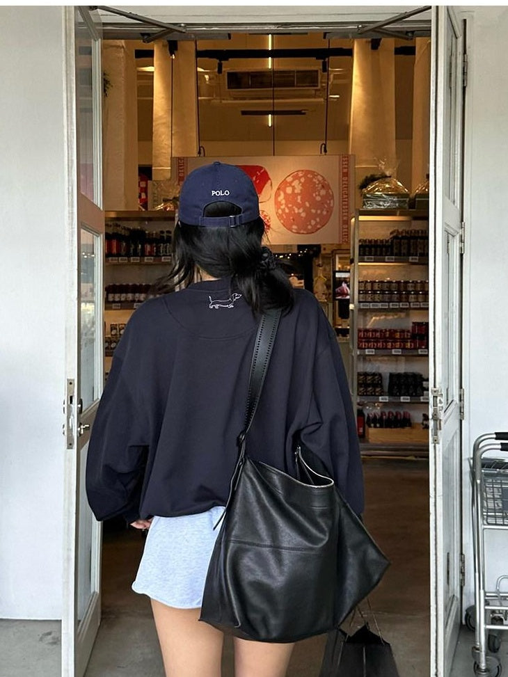 rovente Pure Cotton Loose Fit Crewneck Long Sleeve Commuter Navy Solid Sweatshit