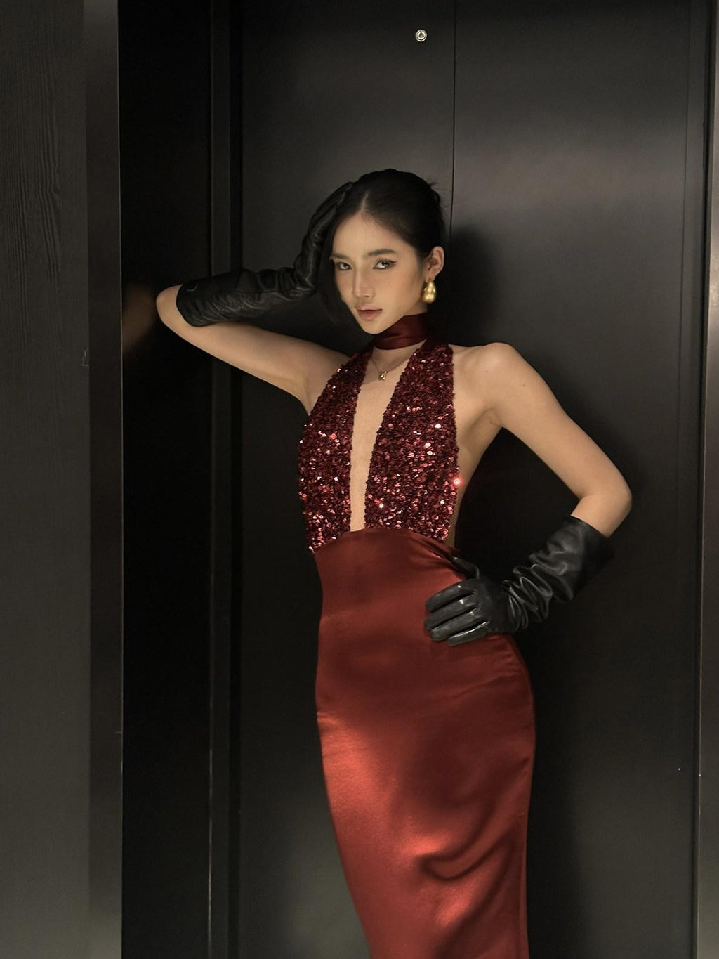rovente Shimmer Sequin Halter Bodycon Sleeveless Women Evening Red Maxi Desses