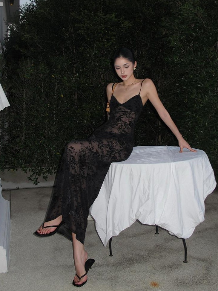 rovente Elegant High Waist V-neck Sleeveless Bodycon Travel Black Stretch Maxi Desses