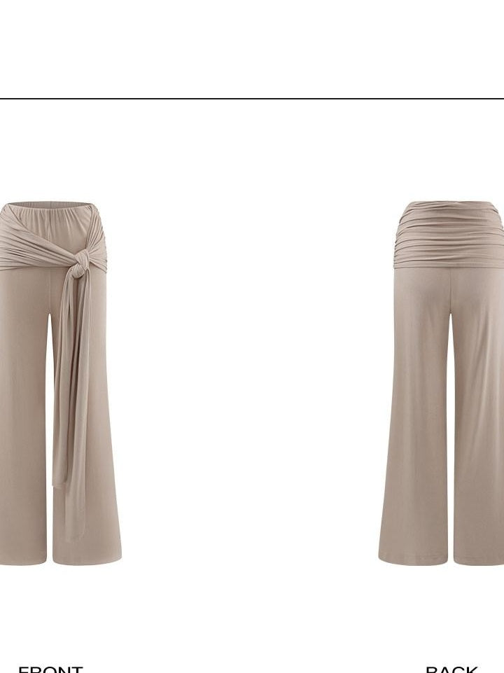 rovente High Stretch Lyocell Tie Waist Casual Straight Women Light Khaki Wide Leg Pants