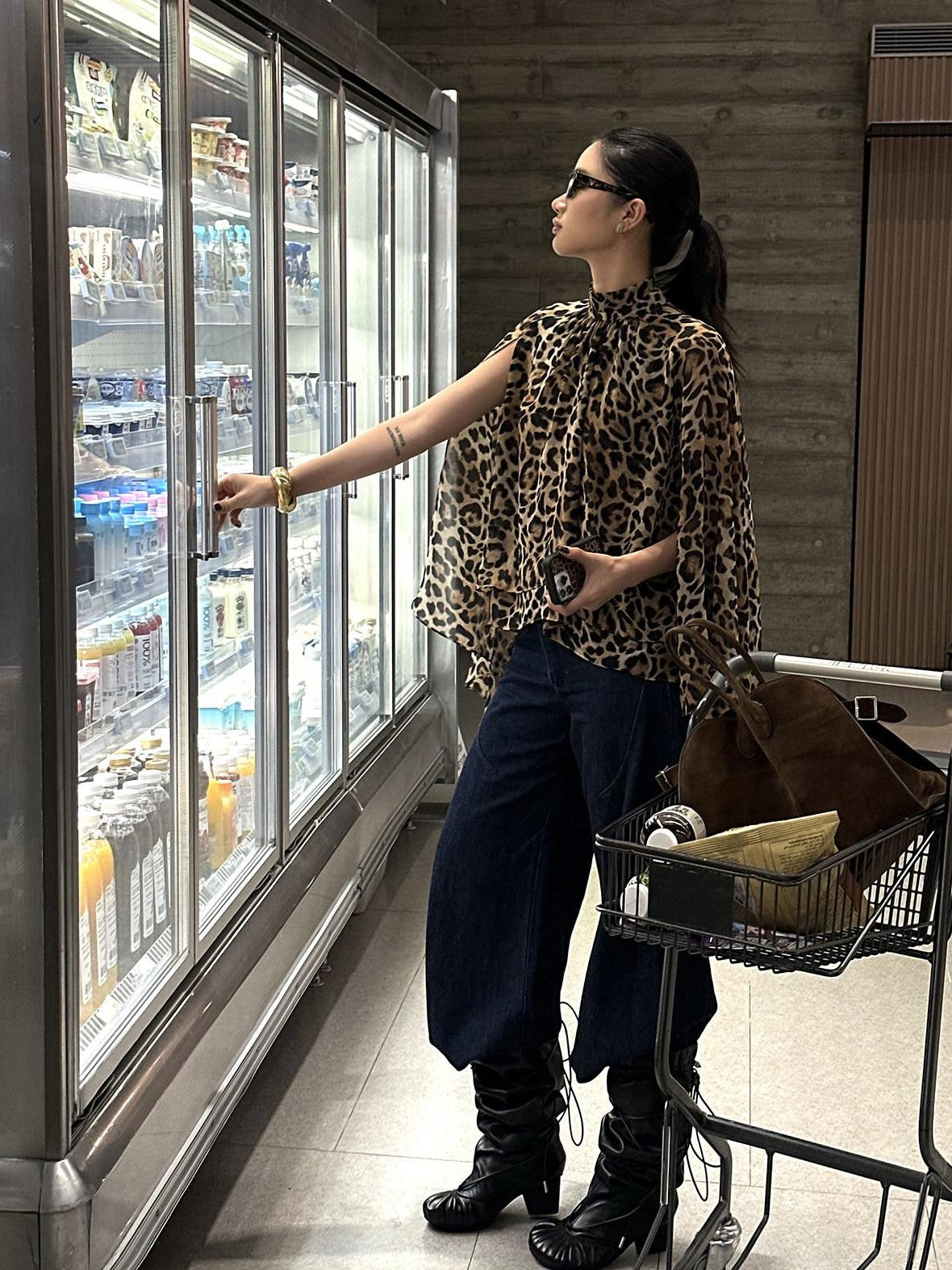 rovente 100 Percent Polyester Leopard High Neck Side Slit Button Shot Sleeve T-Shits