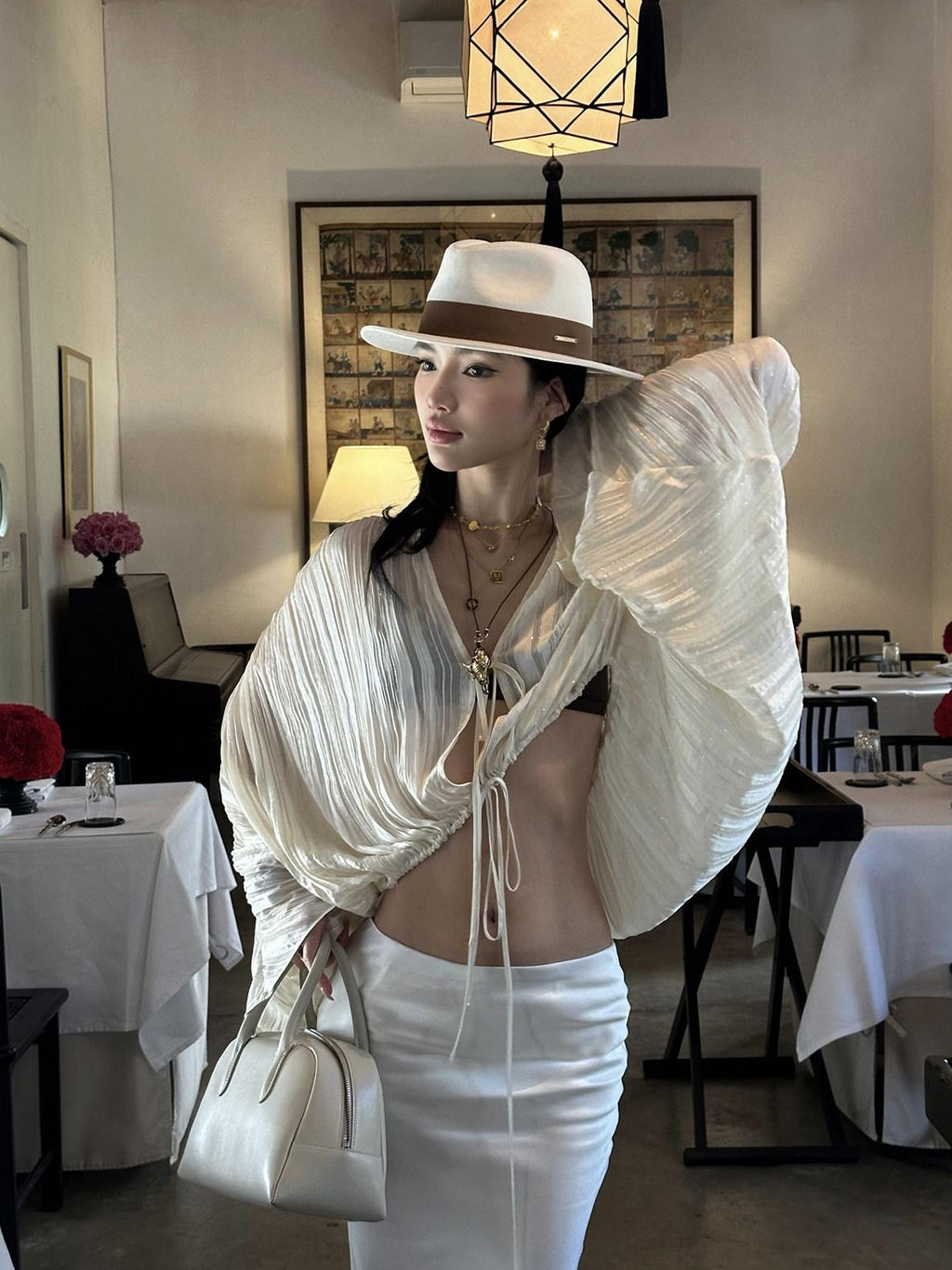 rovente Breathable Elegant V-neck Tie Cardigan Women White Long Sleeve Cop Tops