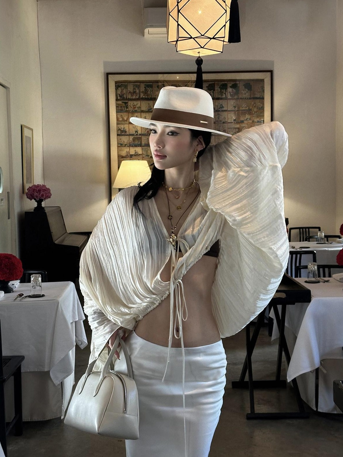 rovente Breathable Elegant V-neck Tie Cardigan Women White Long Sleeve Cop Tops