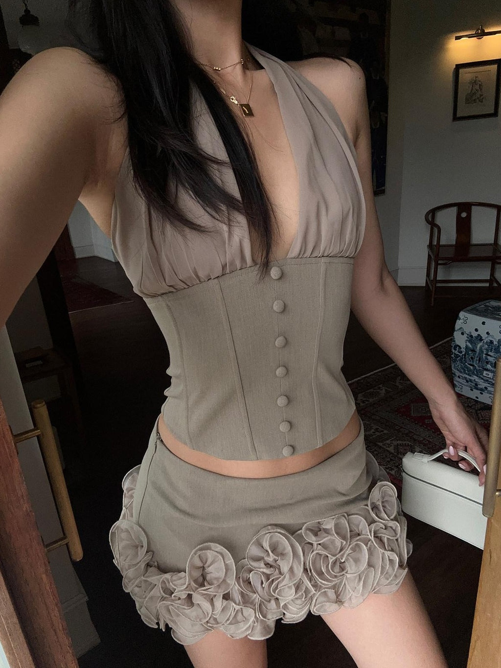 rovente Original Backless V-neck Halter Slim Fit Padded Crop Women Khaki Camisoles