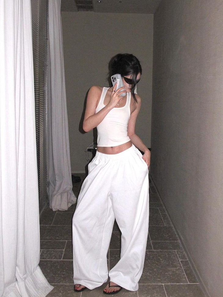 rovente Versatile Low Rise Elastic Waist Cotton White Loose Women Wide Leg Pants