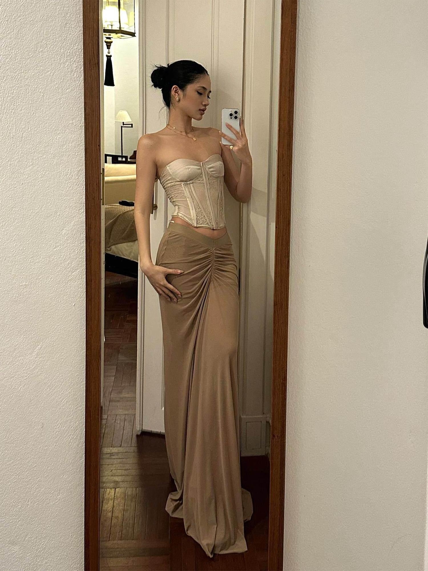 rovente Sexy Slim Straight Pleated Mid Rise Brown Polyester Stretch Maxi Skits
