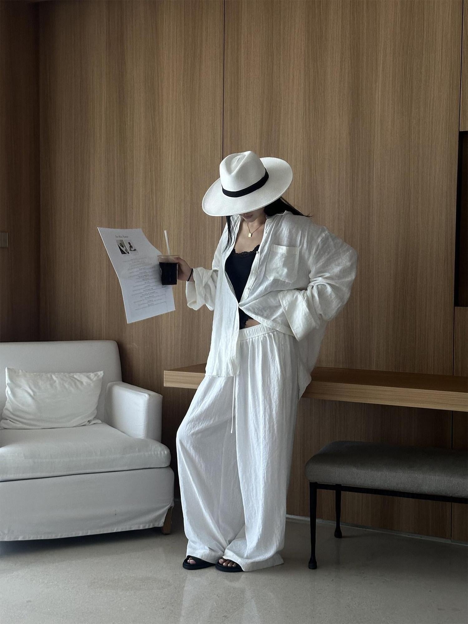 rovente Breathable Cotton Linen Blend Natural Waist Office Loose White Wide Leg Pants