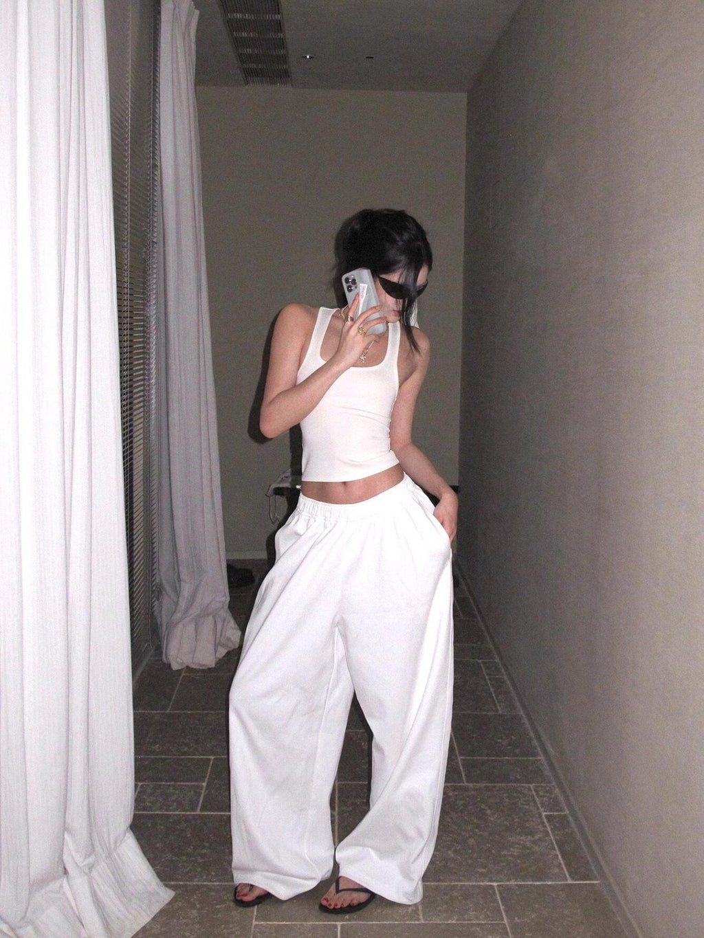 rovente Versatile Low Rise Elastic Waist Cotton White Loose Women Wide Leg Pants