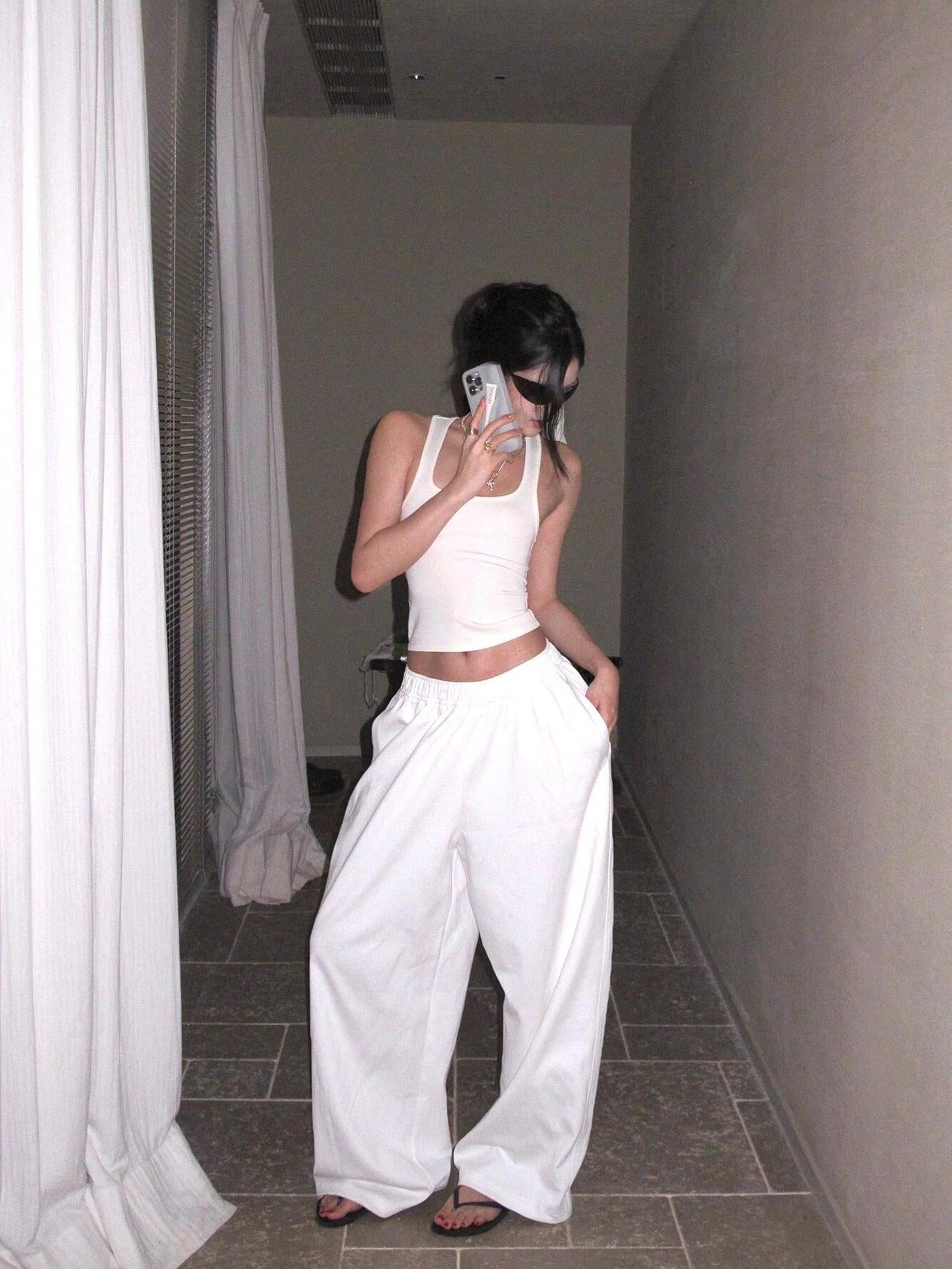 rovente Versatile Low Rise Elastic Waist Cotton White Loose Women Wide Leg Pants