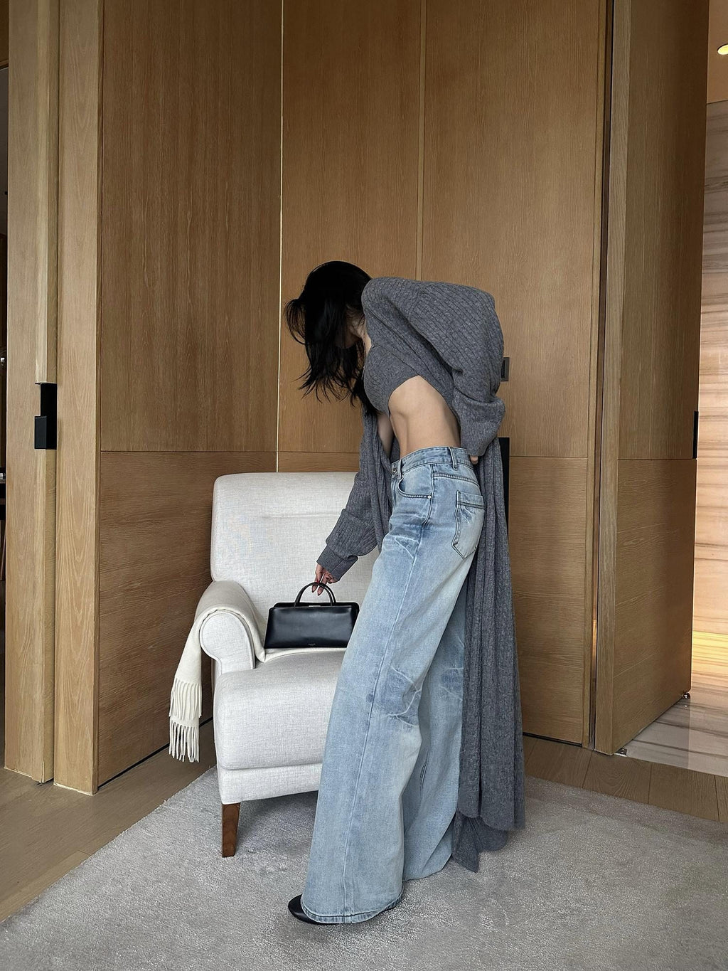 rovente Soft Wool Blend Minimalist Loose Longline Women Gray Knit Buttonless Cadigans