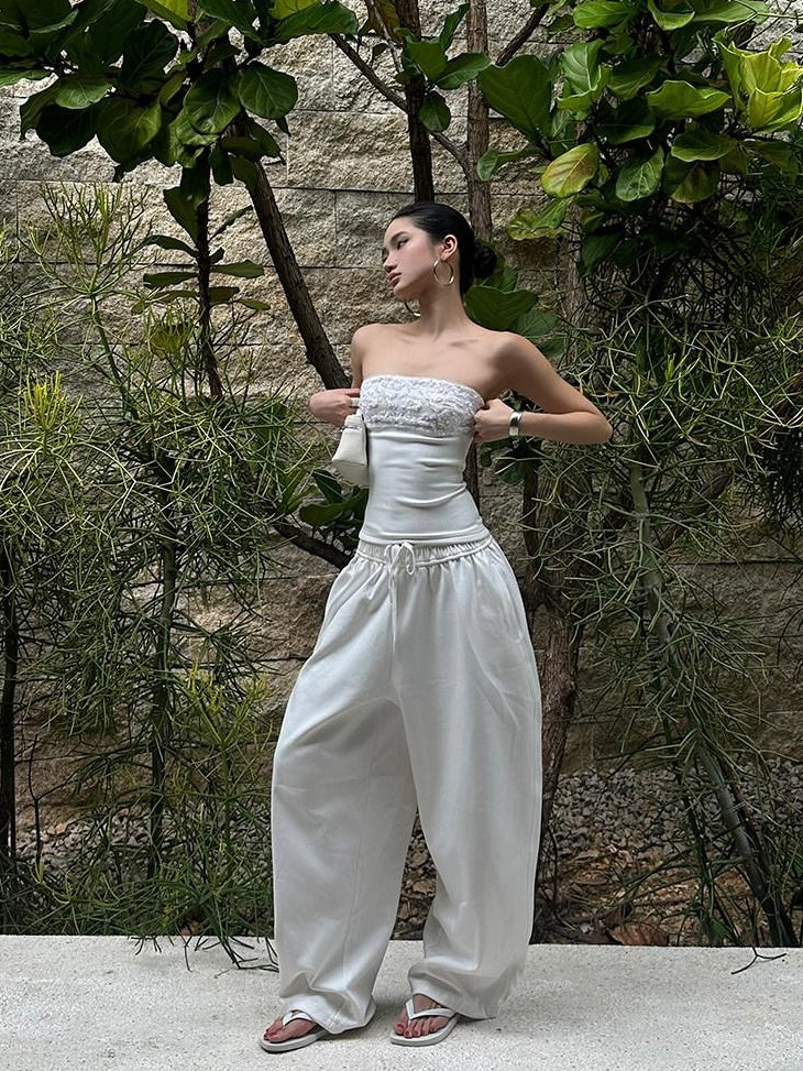 rovente Versatile Low Rise Elastic Waist Cotton White Loose Women Wide Leg Pants