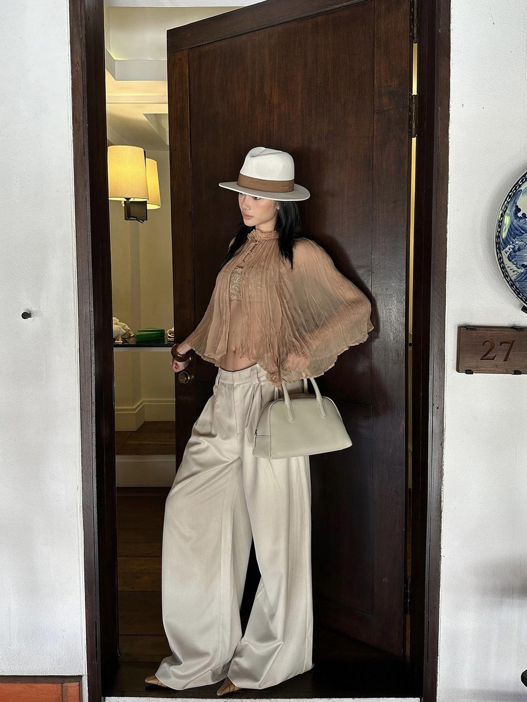 rovente Soft Stretch Beige Casual Simple Pockets Low Waist Woven Women Wide Leg Pants