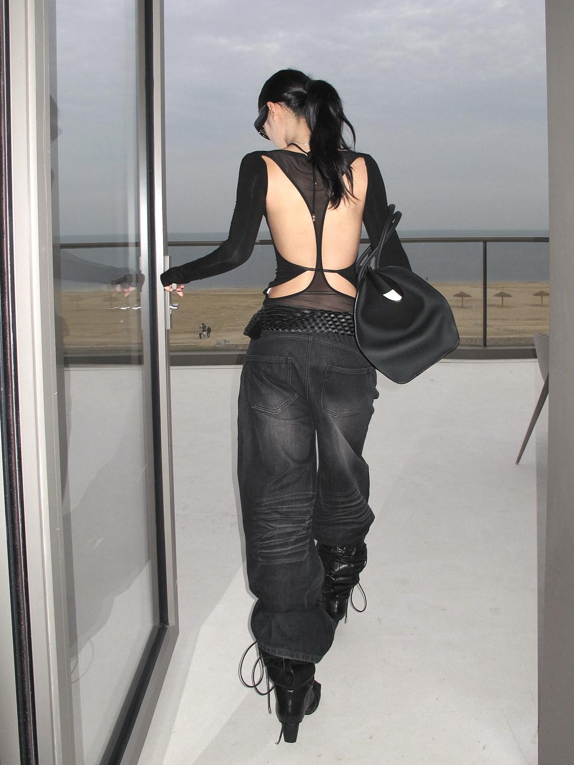 rovente Elegant Slim Backless Knit Acetate Pullover Women Black Long Sleeve T-Shits