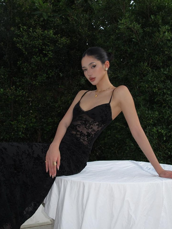 rovente Elegant High Waist V-neck Sleeveless Bodycon Travel Black Stretch Maxi Desses
