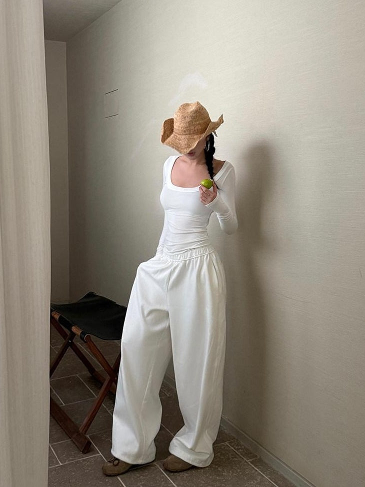 rovente Versatile Low Rise Elastic Waist Cotton White Loose Women Wide Leg Pants