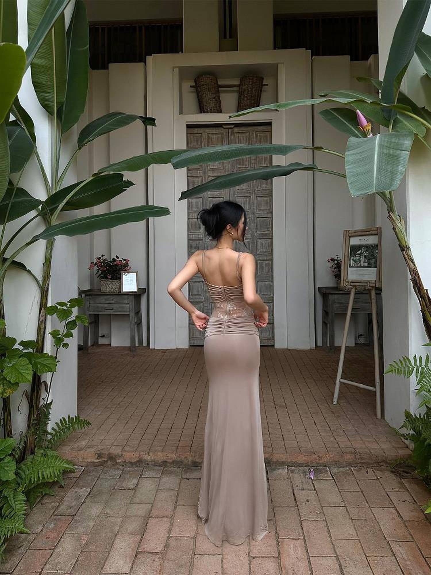 rovente Stretchy Knit Bodycon Camisole Date Night Dress Khaki For Women Maxi Desses