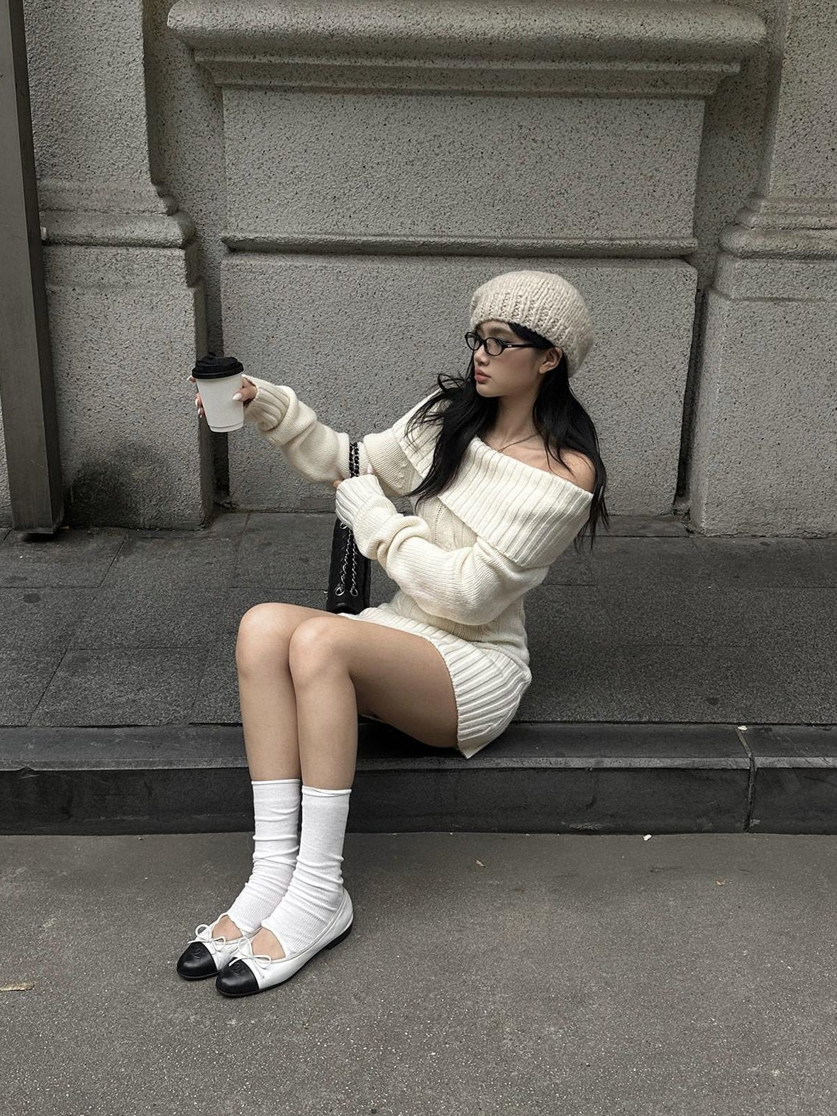 rovente Cozy Knit Off Shoulder Longsleeve Loose Fit Workwear Pullover Almond Mini Desses