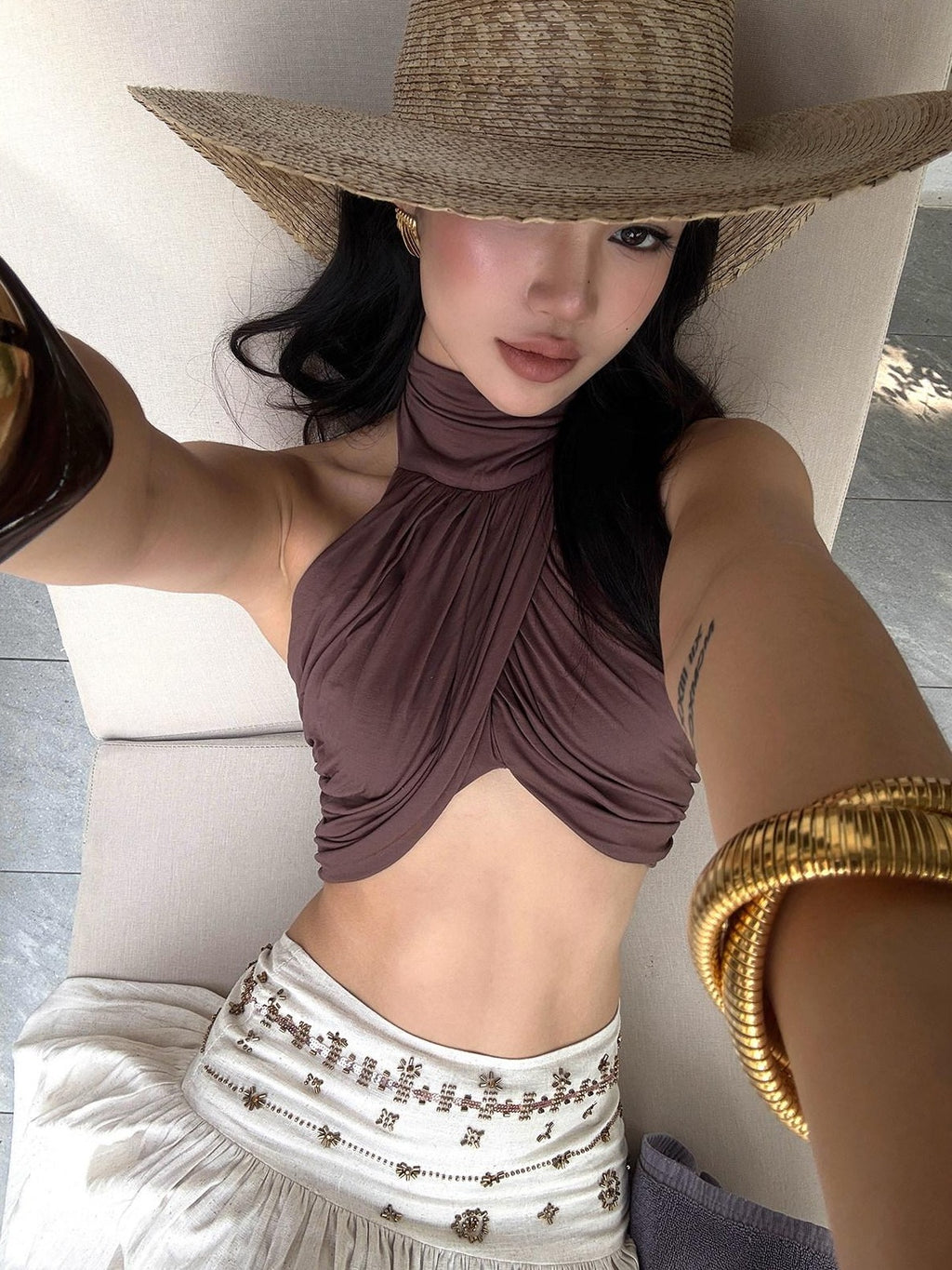 rovente Soft Modal Stretch Slim Halter Neck Cropped Solid Coffee Brown Camisoles