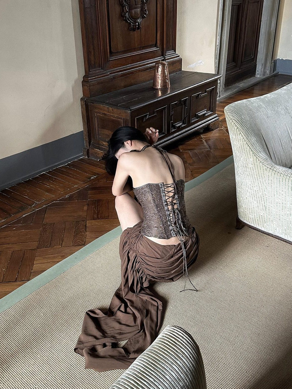 rovente Original Design Embroidered Slim Padded Polyester Brown Travel Party Camisoles