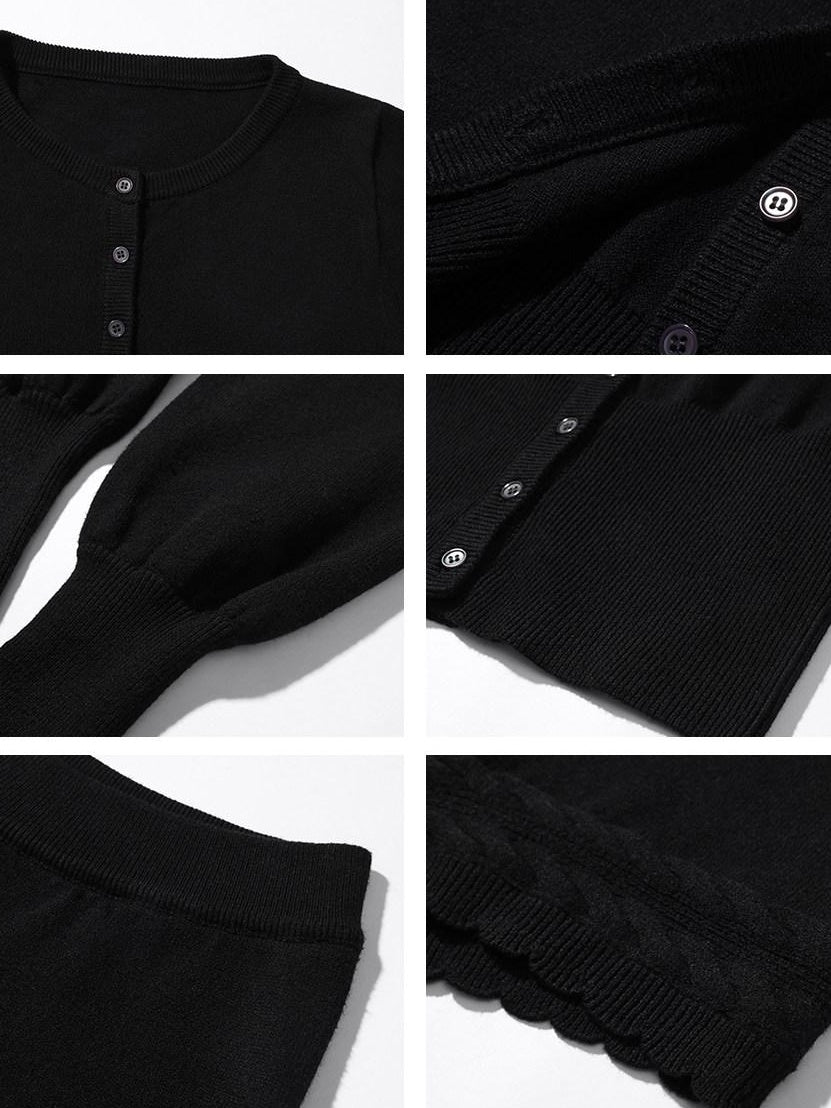 rovente Warm Slim Lace Waist Silk Blend Black Button Cardigan Top & Shots Sets