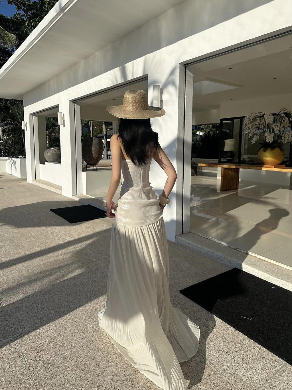 rovente Elegant Sequin Strapless Slim Fit Natural Waist Travel Women Beige Maxi Desses