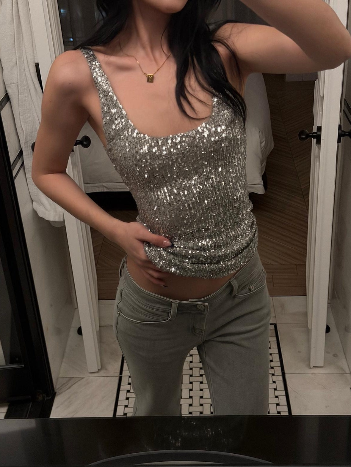 rovente Shimmer Silver High Stretch Spaghetti Strap Slim U Neck Party Travel Camisoles