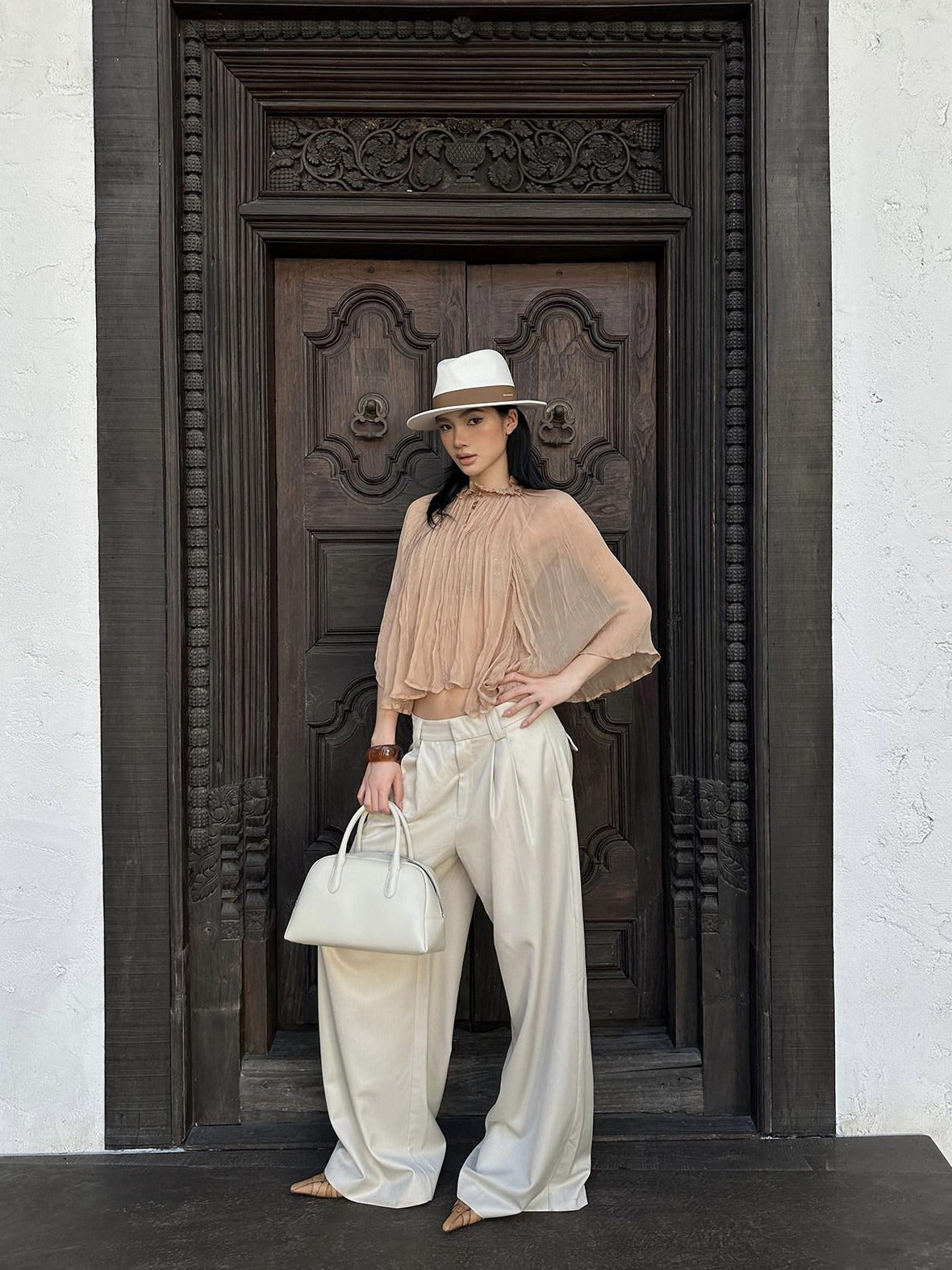 rovente Soft Stretch Beige Casual Simple Pockets Low Waist Woven Women Wide Leg Pants