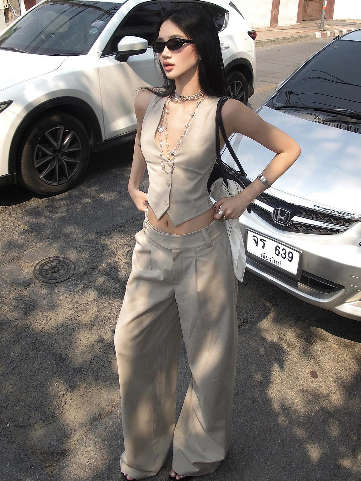 rovente Soft Lambswool Blend Natural Waist Relaxed Fit Women Light Khaki Wide Leg Pants