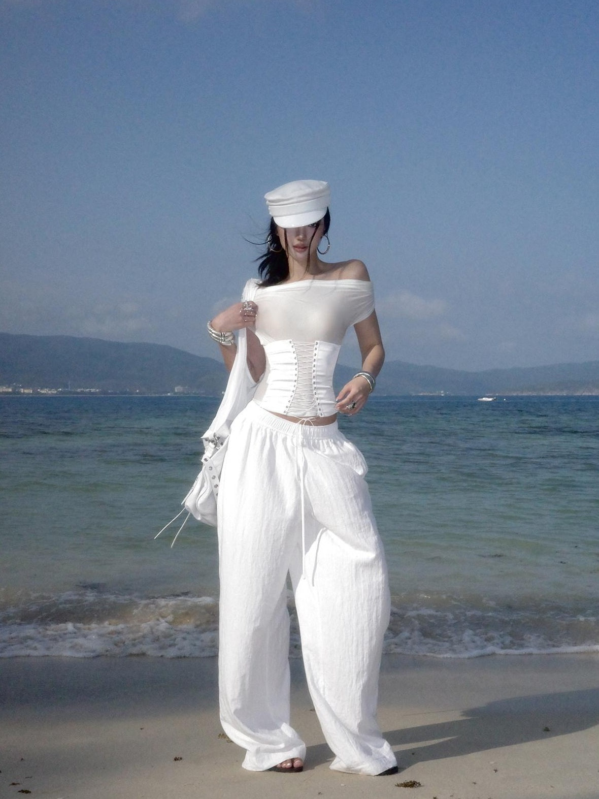 rovente Sexy Slim Tie Front Cropped White Bardot Top Women Travel Off Shoulde Cop Tops
