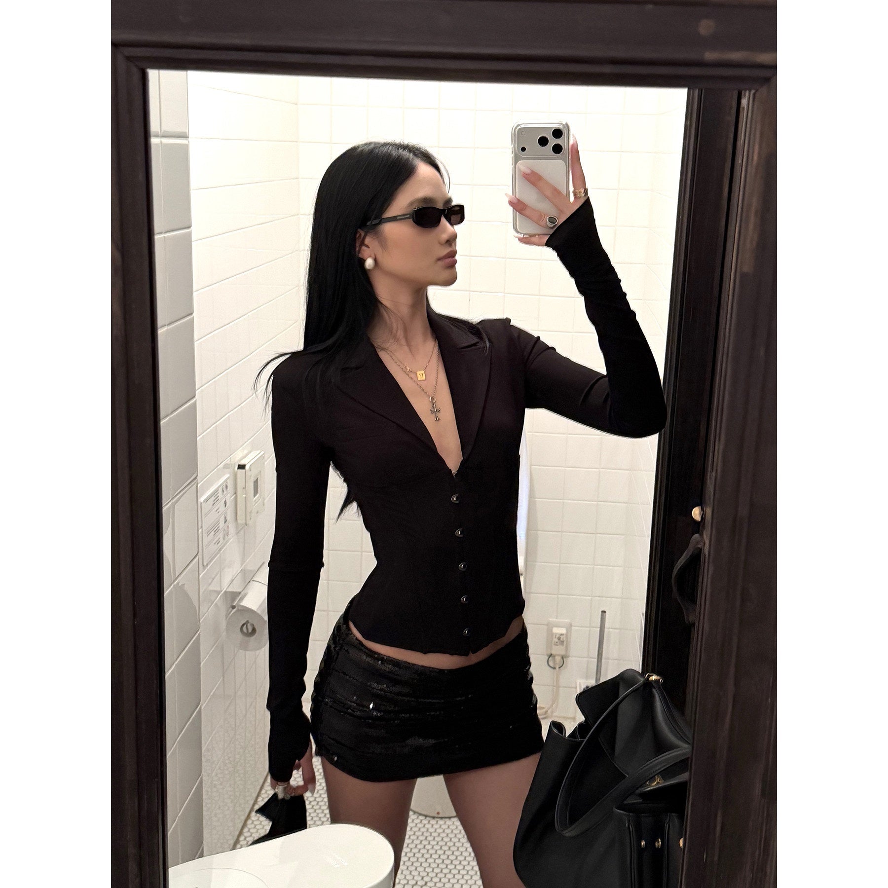 rovente_Breathable_Skinfriendly_Elegant_Slim_V-neck_Button_Long_Sleeve_Women_Black_Shits_MISSTT