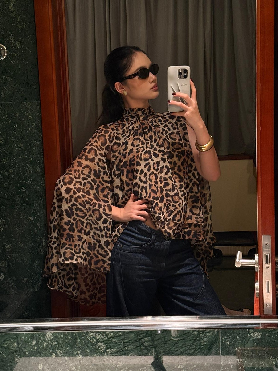 rovente 100 Percent Polyester Leopard High Neck Side Slit Button Shot Sleeve T-Shits
