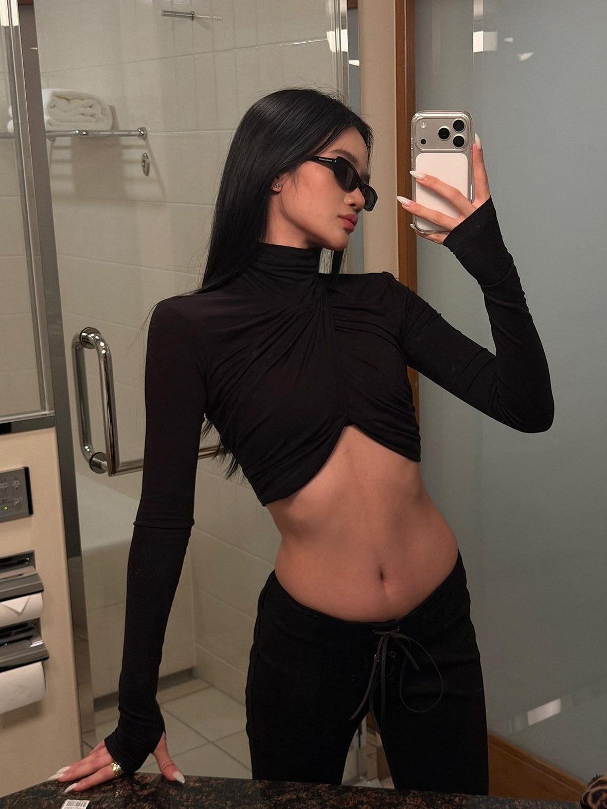 rovente Stretch Slim Fit High Neck Pleated Asymmetric Women Black Long Sleeve Cop Tops