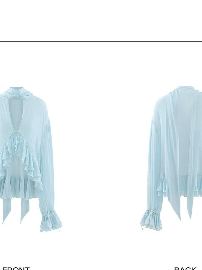 rovente Breathable Elegant Ruffle V-neck Loose Long Sleeve Blue Solid Pullover Blouses