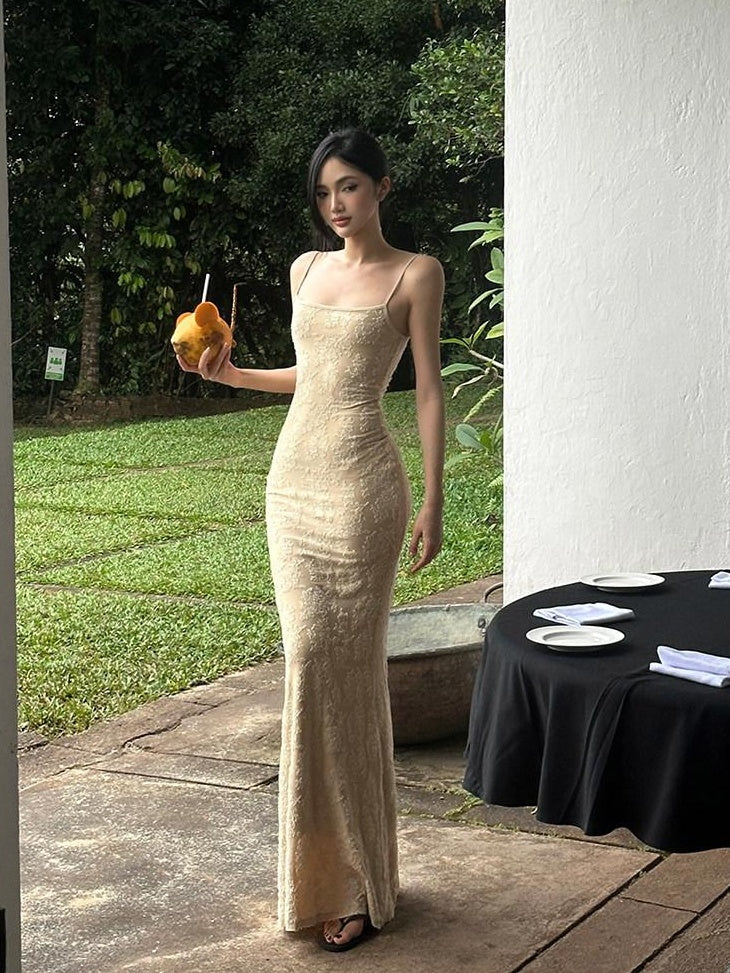 rovente Resort High Waist Sleeveless Bodycon Camisole Party Women Nude Maxi Desses
