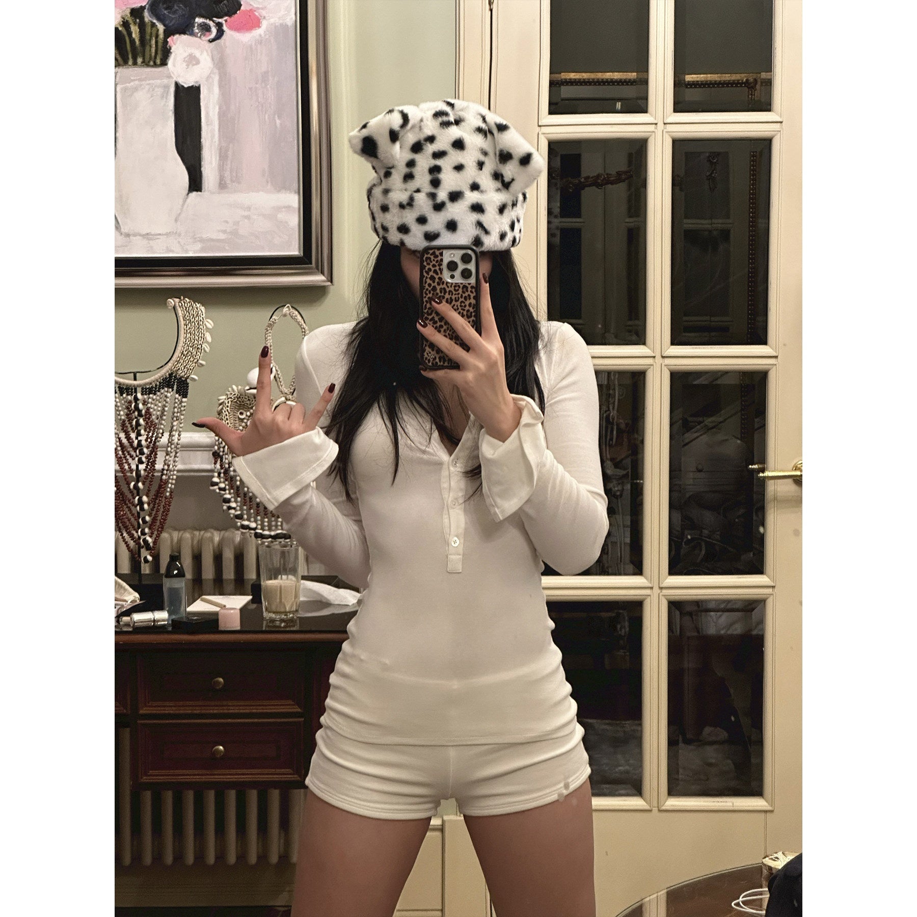 rovente_Soft_Knit_V-neck_Button_Slim_Casual_Women_White_Long_Sleeve_Top_&_Shots_Sets_MISSTT