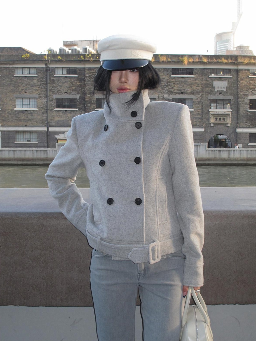 rovente Wool Blend Warm Minimal Loose Commuter Double Breasted Stand Collar Shot Coat