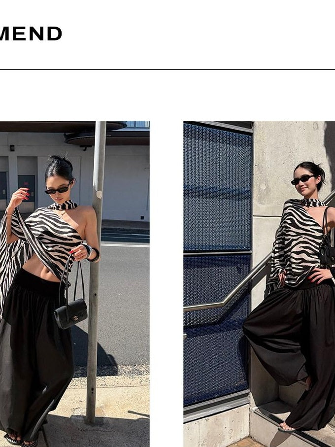 rovente Black White Zebra Contrast Loose Sleeveless Slant Neck Rayon Off Shoulde Cop Tops