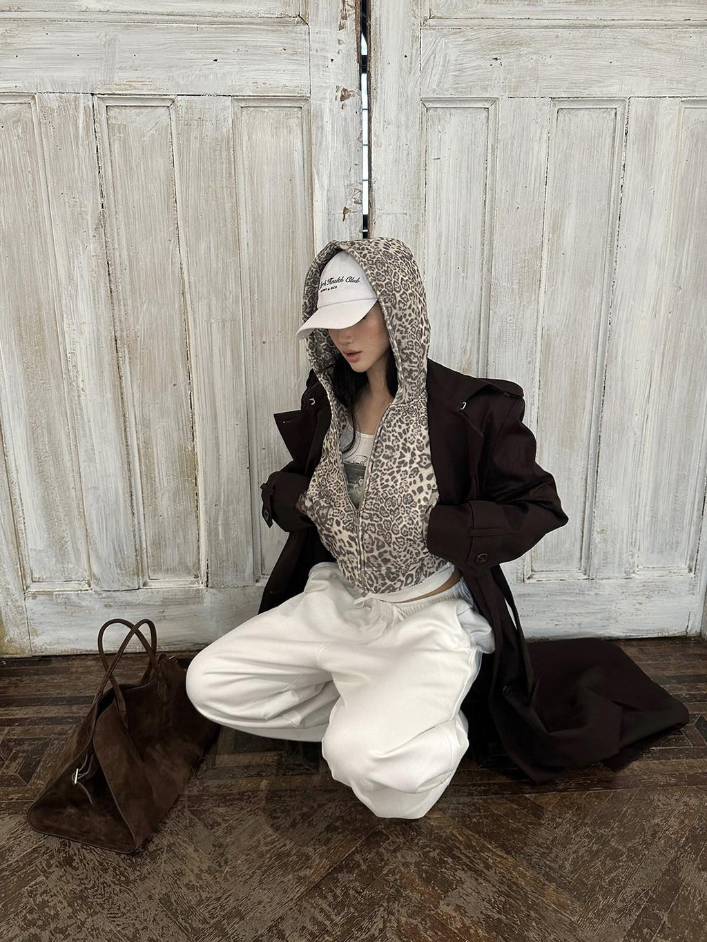 rovente Leopard Print Oversized Cropped Hooded Zip Women 100 Percent Cotton Hoodie