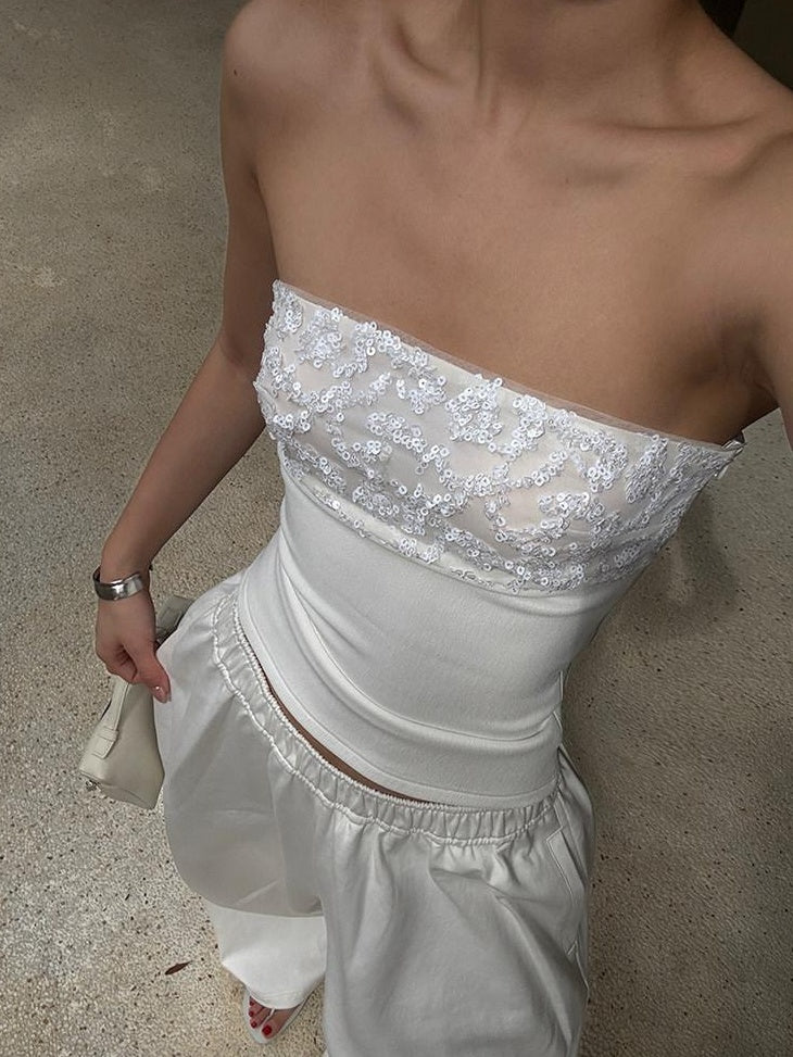 rovente Sparkling Sequin Versatile Slim Fit White Polyester For Women Tube Tops
