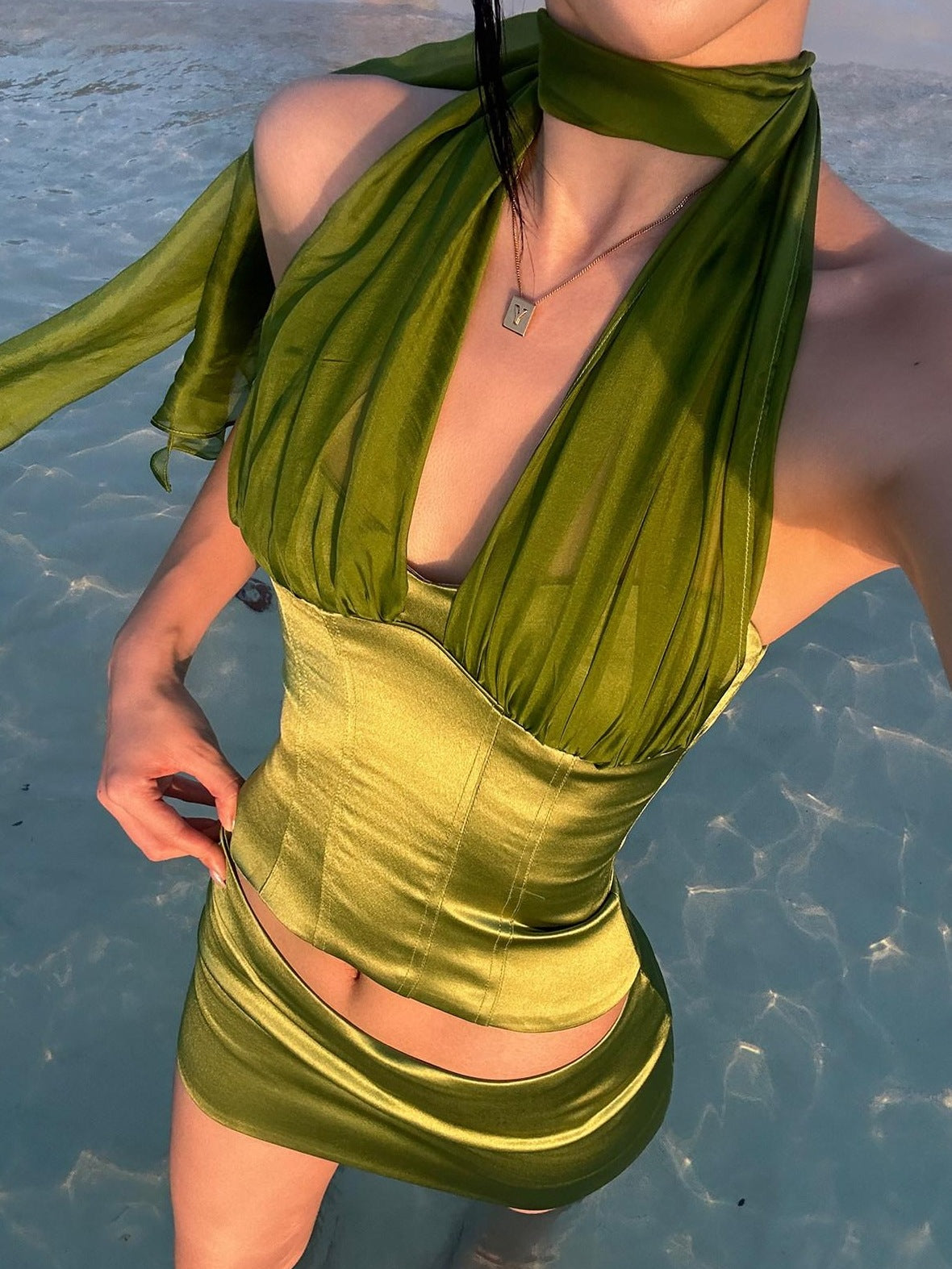 rovente Padded Halter Slim Fit Acetate Travel Ready Green Solid Top & Skit Sets